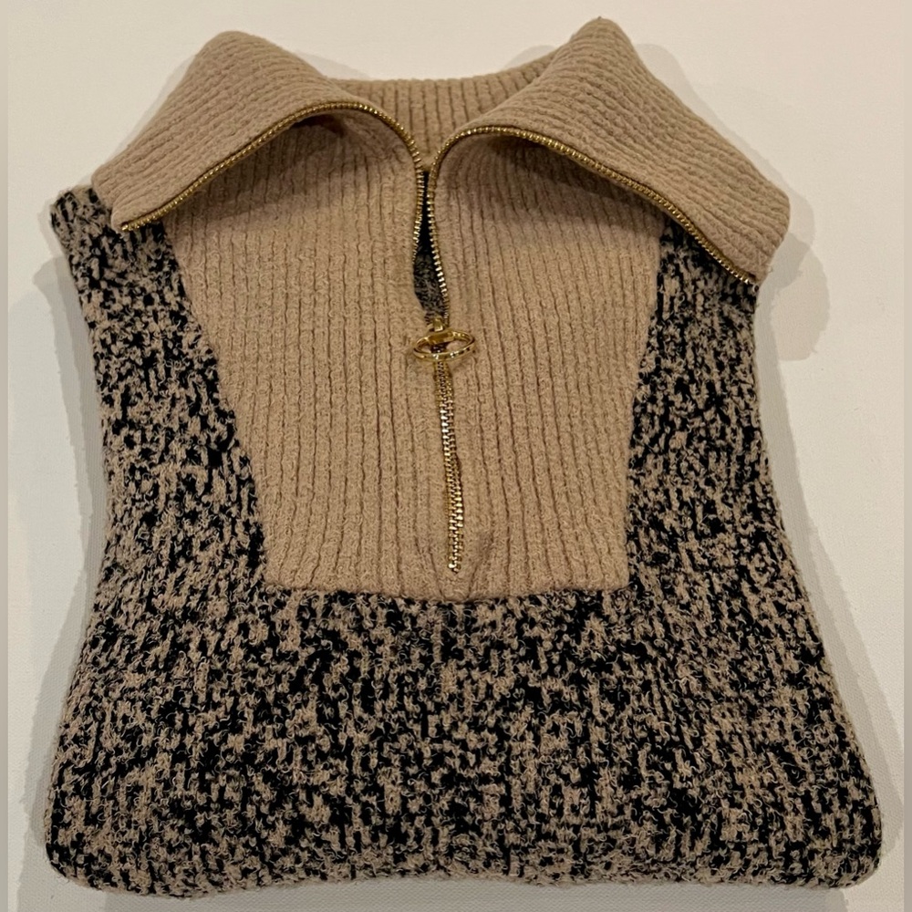Rachel Zoe Quarter Zip Small Collared Sweater Tan Black - Picture 13 of 13